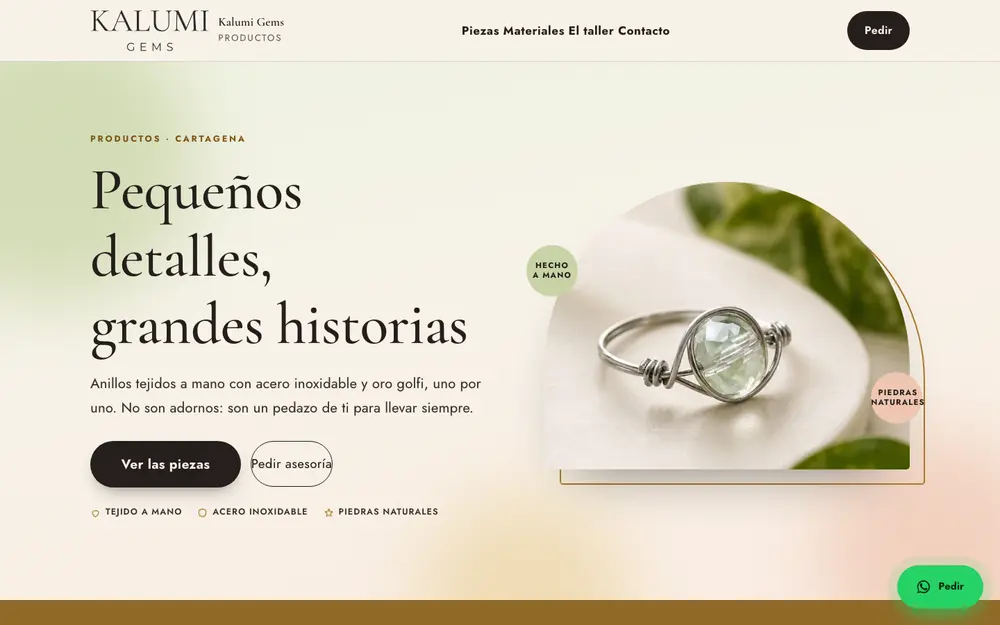 Página de Kalumi Gems, joyería hecha a mano